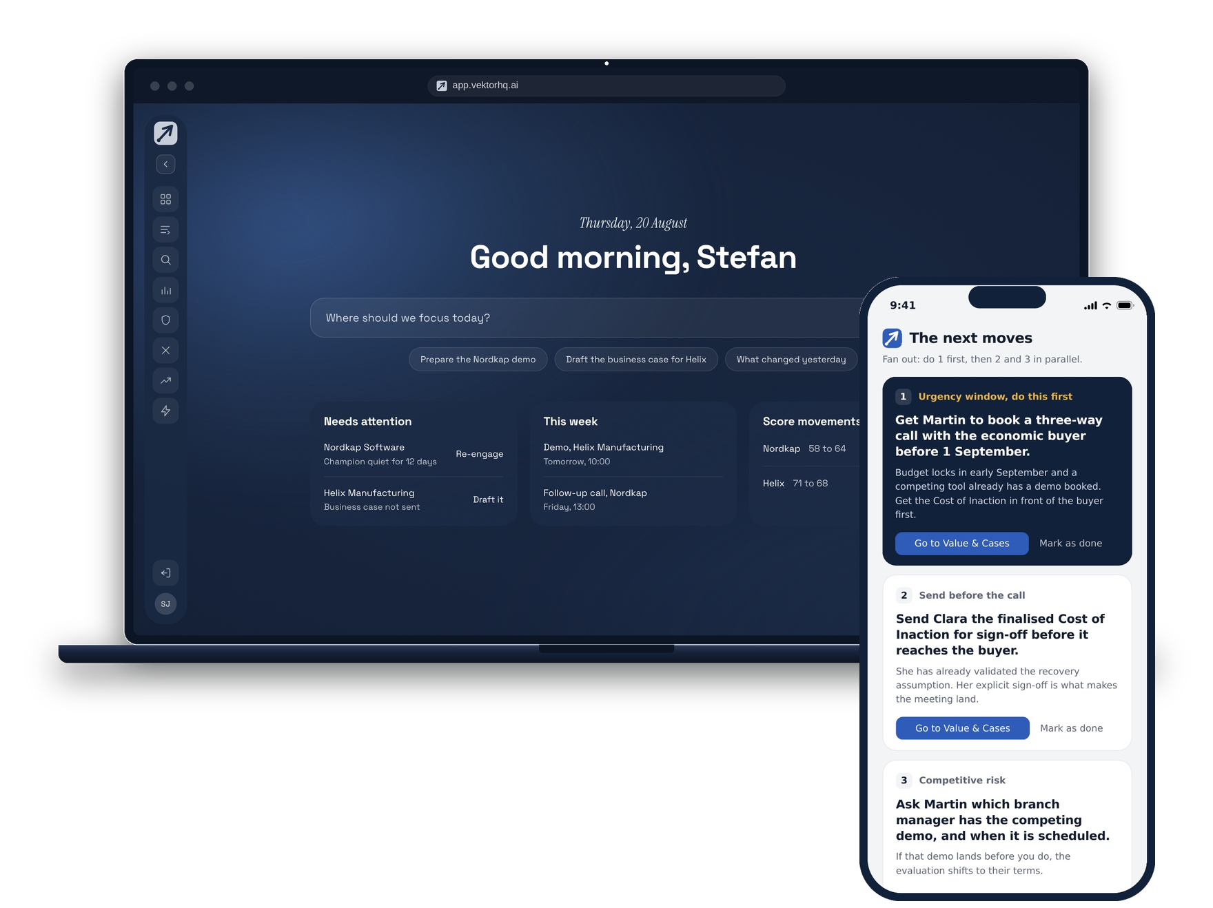 The Vektor home screen on a laptop, with the next moves on a phone