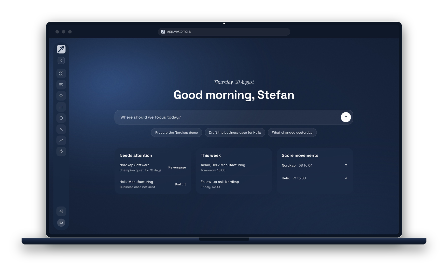 The Vektor home screen on a laptop